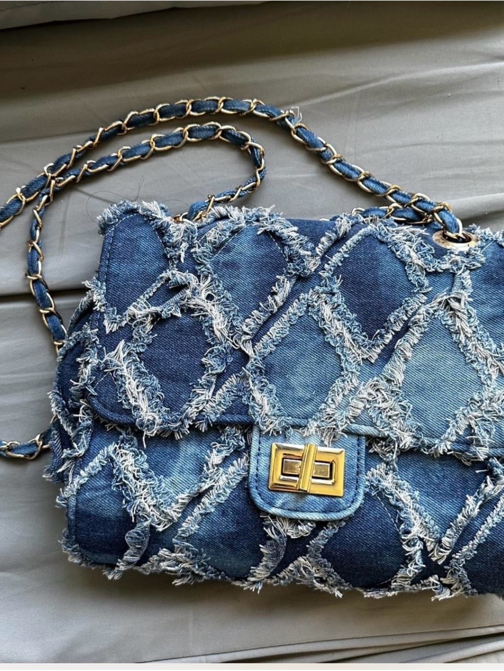 Frayed Patchwork Denim Crossbody Bag in Blue